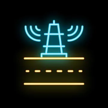 Neon icon of telecommunication tower transmitting signals over road Stock Illustration