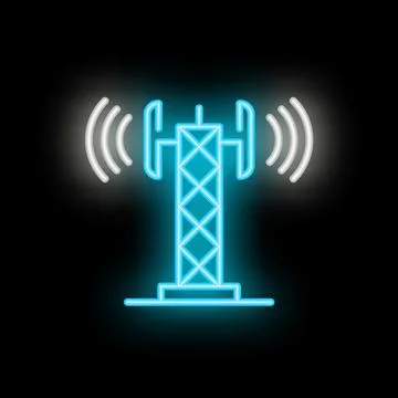Neon icon of telecommunication tower transmitting radio waves Stock Illustration