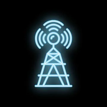 Neon icon of telecommunication tower transmitting signals Stock Illustration