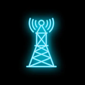 Neon icon of telecommunication tower transmitting signal Stock Illustration
