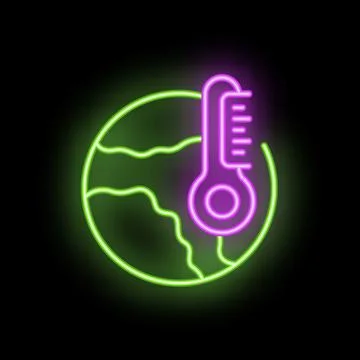 Neon icon of thermometer measuring global warming earth temperature Stock Illustration