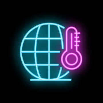 Neon icon of thermometer measuring global temperature rising Stock Illustration