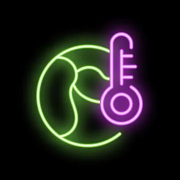 Neon icon of thermometer measuring increasing global temperature Stock Illustration