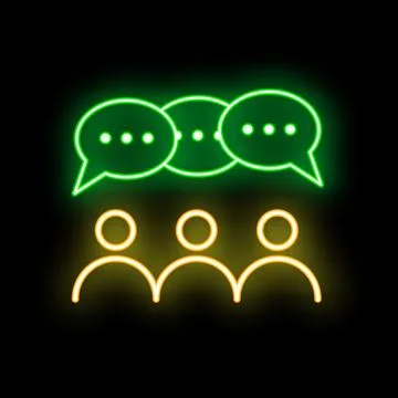 Neon icon of three people having a conversation with speech bubbles Stock Illustration