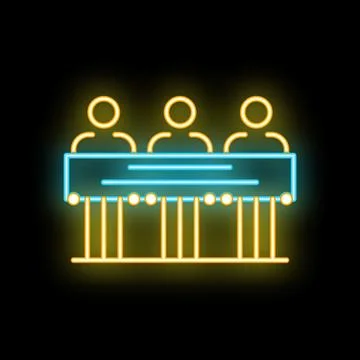 Neon icon of three people sitting at desk on black background Stock Illustration