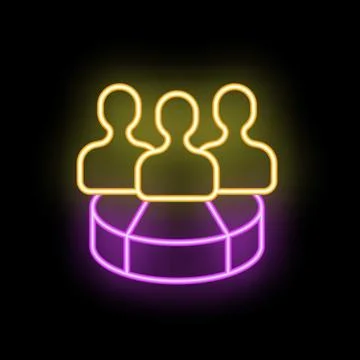Neon icon of three people standing on a pie chart representing market segment Stock Illustration