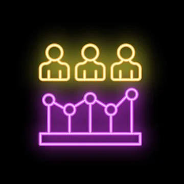Neon icon of three people working on business chart growing up Illustrazione stock