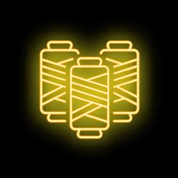 Neon icon of three spools of thread glowing yellow on black background Stock Illustration