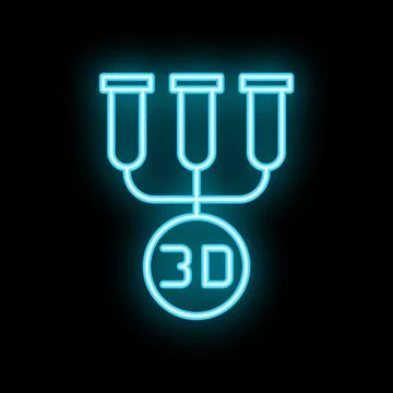 Neon icon of three test tubes merging into a 3d printing orb Stock Illustration