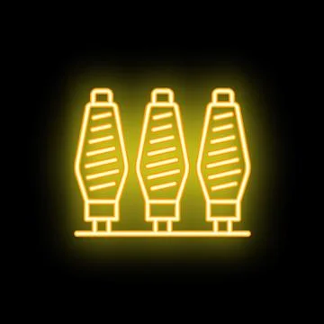 Neon icon of three thread bobbins for sewing on black background Stock Illustration