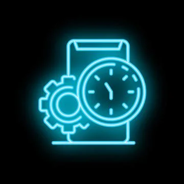 Neon icon of time management using smartphone app with clock and gears Stock Illustration
