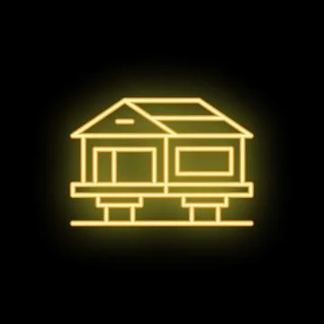 Neon icon of a tiny house on foundation repairing Illustrazione stock