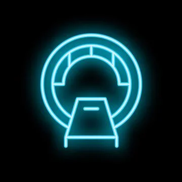 Neon icon of a tomography scanner glowing blue on black background Stock Illustration