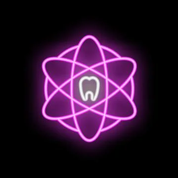 Neon icon of tooth surrounded by atomic structure representing dental science 스톡 일러스트