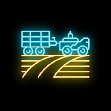 Neon icon of tractor with trailer working on farmland at night Stock Illustration