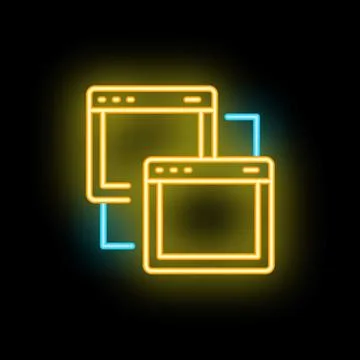 Neon icon of two computer windows connected representing network connection Stock Illustration