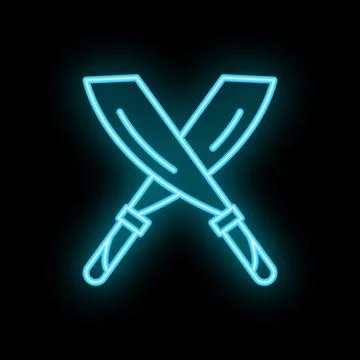 Neon icon of two crossed machetes glowing blue on black background Stock Illustration