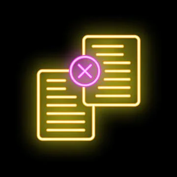 Neon icon of two documents with delete symbol representing data erasure Stock Illustration