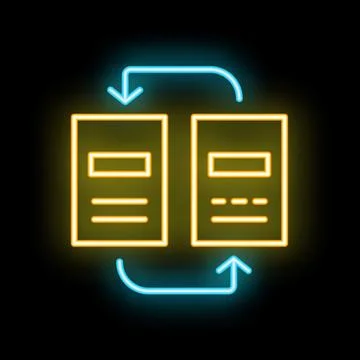 Neon icon of two documents exchanging information with arrows Stock Illustration