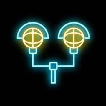 Neon icon of two globes sharing data through network cable Stockillustratie