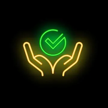 Neon icon of two hands holding a validation symbol Stock Illustration