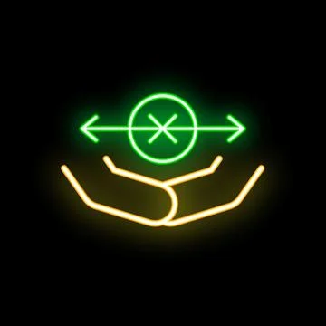 Neon icon of two hands holding a circle with arrows pointing in opposite di.. Stock Illustration