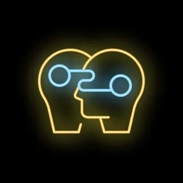 Neon icon of two heads sharing thoughts representing telepathy Stock Illustration
