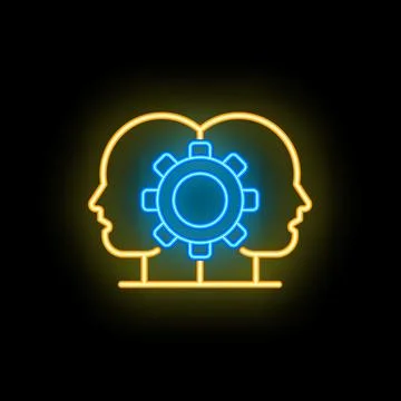 Neon icon of two human profiles sharing a gear mechanism Stock Illustration