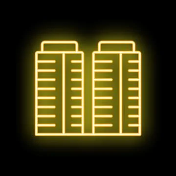 Neon icon of two modern buildings with glowing yellow light Ilustración de archivo