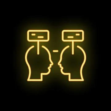 Neon icon of two people exchanging thoughts with speech bubbles above heads Stock Illustration