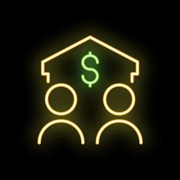 Neon icon of two people planning family budget under house roof Ilustração Stock