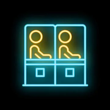 Neon icon of two people playing arcade game sitting at console Stock Illustration