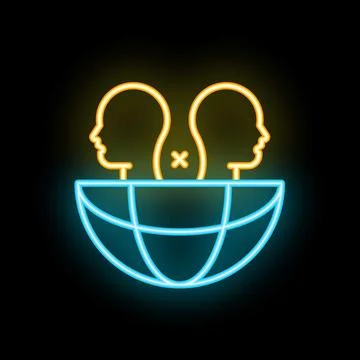 Neon icon of two people separated with an x on a world globe background Stock Illustration