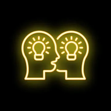 Neon icon of two people sharing ideas with light bulbs Stock Illustration