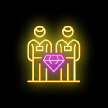 Neon icon of two security guards protecting a big diamond on black background Stock Illustration