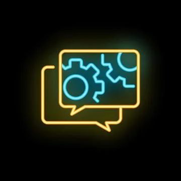 Neon icon of two speech bubbles showing working gears representing technica.. Stockillustratie