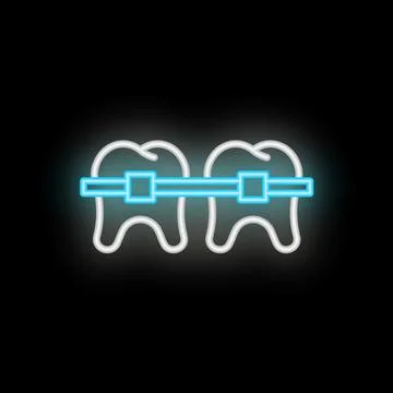 Neon icon of two teeth wearing braces glowing on black background Stock Illustration