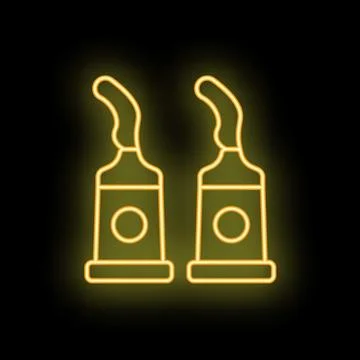 Neon icon of two tubes of toothpaste glowing yellow on black background Stock Illustration