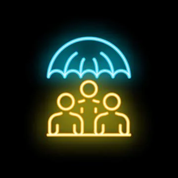 Neon icon of umbrella protecting three people representing insurance Stock Illustration