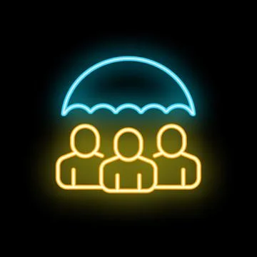 Neon icon of umbrella protecting three business people Stock Illustration