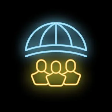 Neon icon of umbrella protecting three people representing insurance coverage Stock Illustration