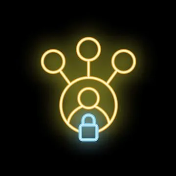 Neon icon of user connected to network with padlock showing cyber security Stock Illustration