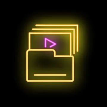 Neon icon of video files folder glowing on black background Stock Illustration