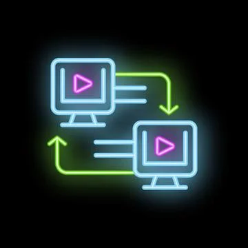 Neon icon of video files transferring between two computers Stock Illustration