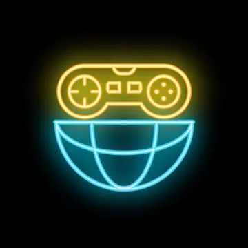 Neon icon of video game controller over planet earth for online gaming Stock Illustration