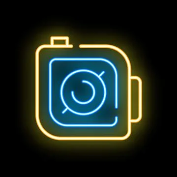 Neon icon of vintage camera with flash shining on black background Stock Illustration