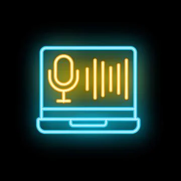 Neon icon of voice recording software displaying on laptop screen Illustrazione stock