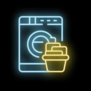 Neon icon of washing machine with laundry basket displaying laundromat servic Stock Illustration