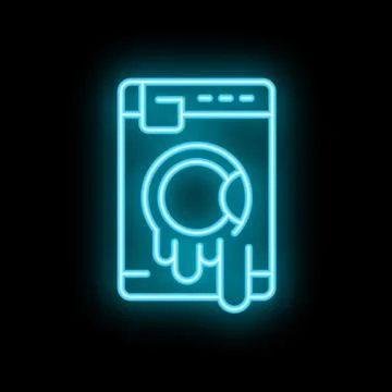 Neon icon of washing machine leaking water on black background Stock Illustration