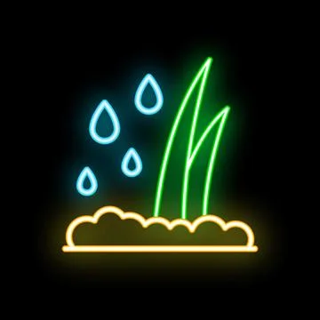 Neon icon of water drops falling on grass and ground Stock Illustration